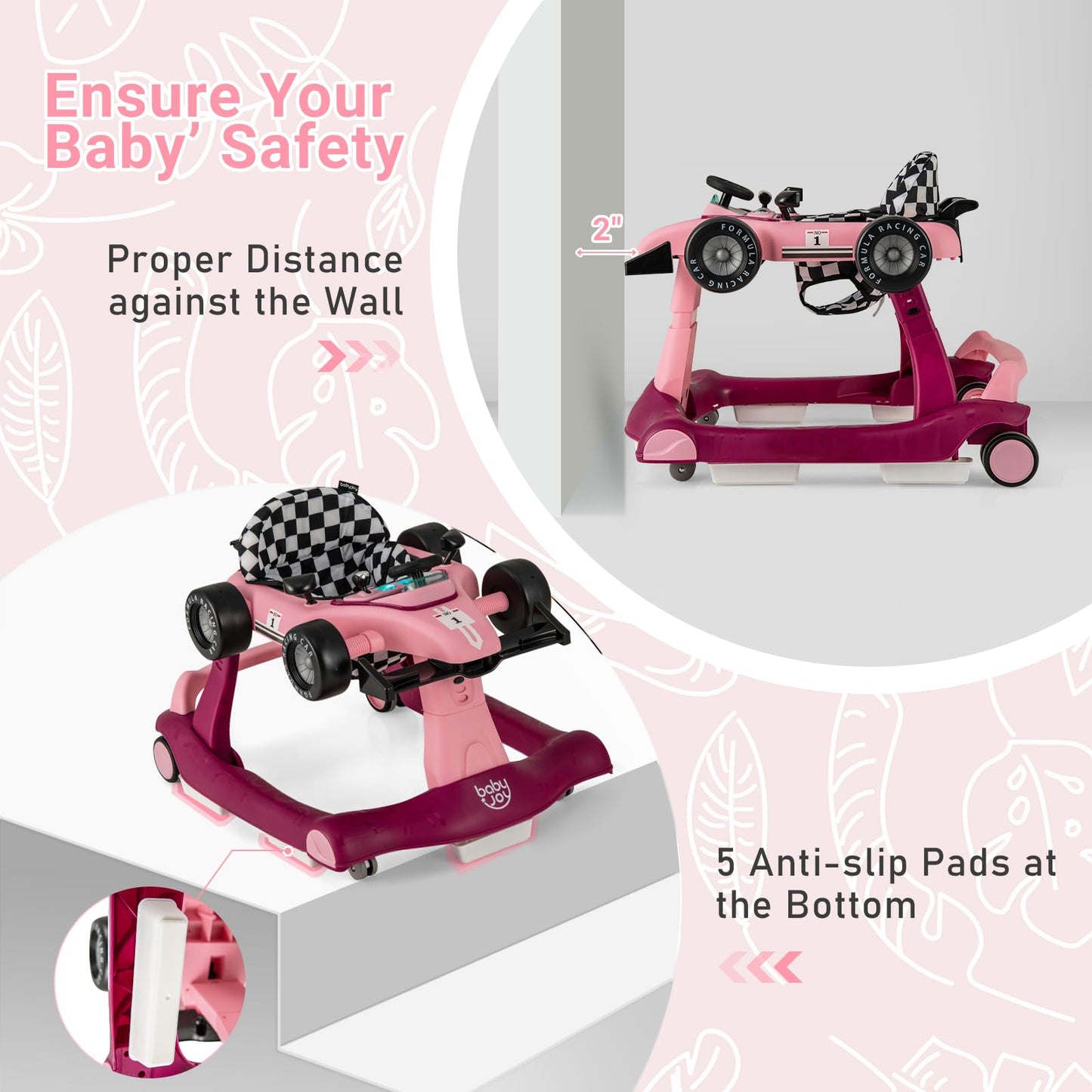 BABY JOY 4-in-1 Baby Walker, Foldable Activity Walker with Adjustable Height & Speed, Music, Lights, Anti-Rollover, Toddler Push Walker, Baby Walker with Wheels for Boys Girls 6-18 Months (Pink)