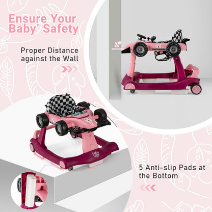 BABY JOY 4-in-1 Baby Walker, Foldable Activity Walker with Adjustable Height & Speed, Music, Lights, Anti-Rollover, Toddler Push Walker, Baby Walker with Wheels for Boys Girls 6-18 Months (Pink)