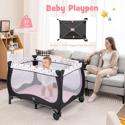 BABY JOY 4 in 1 Pack and Play with Canopy, Portable Baby Playard with Bassinet, Double-Layer Baby Crib, Wheels & Brake, Foldable Baby Girl Pink Bassinet from Newborn to Toddler