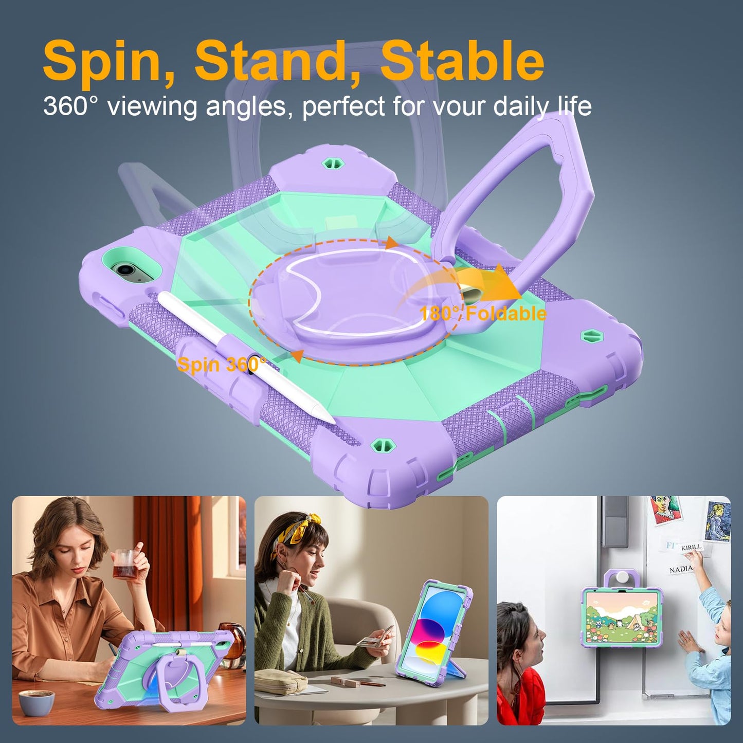 Case for iPad A16 11th Generation 11 Inch 2025, Auorld for iPad 10th Generation 10.9 inch 2022 case with Screen Protector, 360 Degree Rotating Stand Shoulder Strap Pencil Holder, Navy Pink