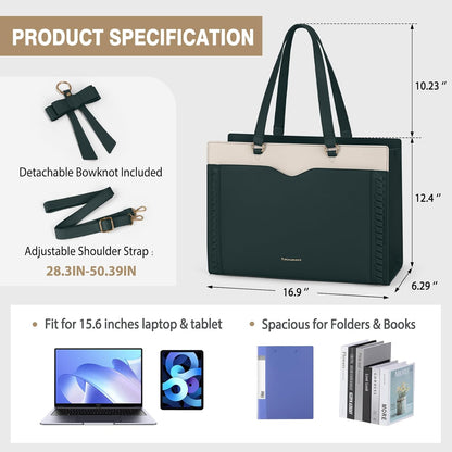 RAINSMORE Laptop Bag for Women 15.6 Inch Work Tote Bag with Detachable Strap & Bow Leather Laptop Tote with Cup Holder