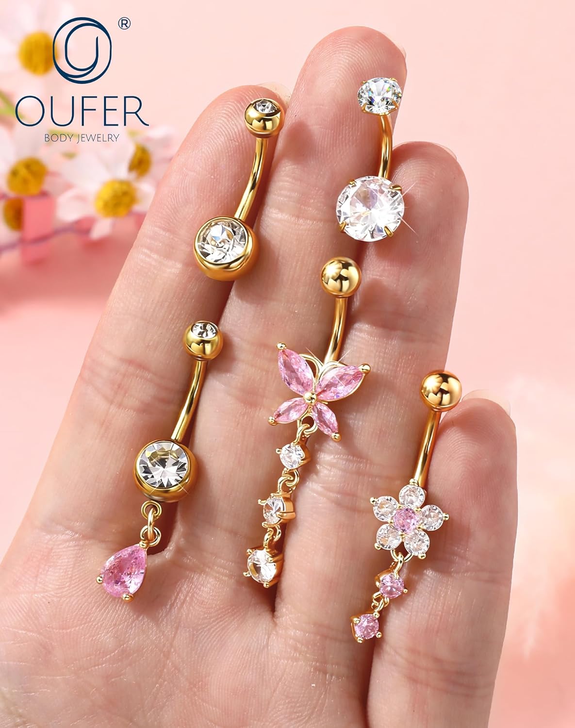 OUFER 5x Bauchnabelpiercings baumelnd – 14G Chirurgischer Stahl Bauchnabelpiercing, Hypoallergener Bauchnabelring mit Zirkonia Schmetterling Blume Tropfen Langhantel für Strand, Festival, Fitnessstudio