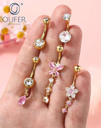 OUFER 5x Bauchnabelpiercings baumelnd – 14G Chirurgischer Stahl Bauchnabelpiercing, Hypoallergener Bauchnabelring mit Zirkonia Schmetterling Blume Tropfen Langhantel für Strand, Festival, Fitnessstudio