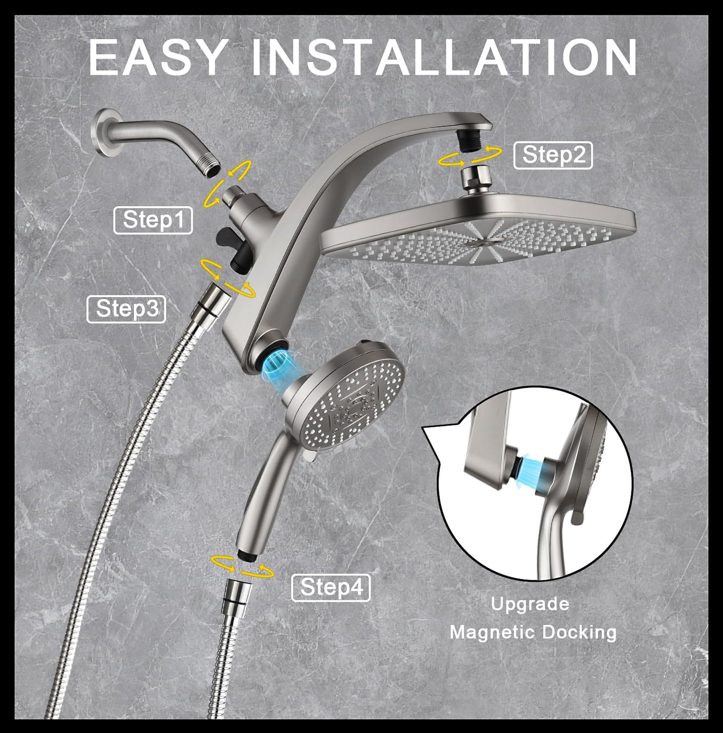 BOZYBO Rain Shower Head with Handheld: High Pressure Shower Heads with Handheld Spray Combo, 12" Rainfall Shower Head and 9 Sprays Hand Showerheads with Magnetic Docking and Power Jets, Chrome