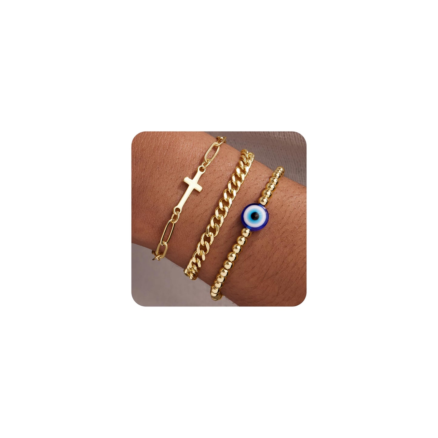 Goldarmbänder für Frauen Stapel Nicht Anlaufen, 14K Vergoldete Stapelbare Armbänder Set für Frauen Trendy, Wasserdicht Einfacher Schmuck Sets Geschenke Inklusive Perlen-/Kuban-/Büroklammer-/Fischgräten-/Seilglieder-Kette, Modeaccessoires