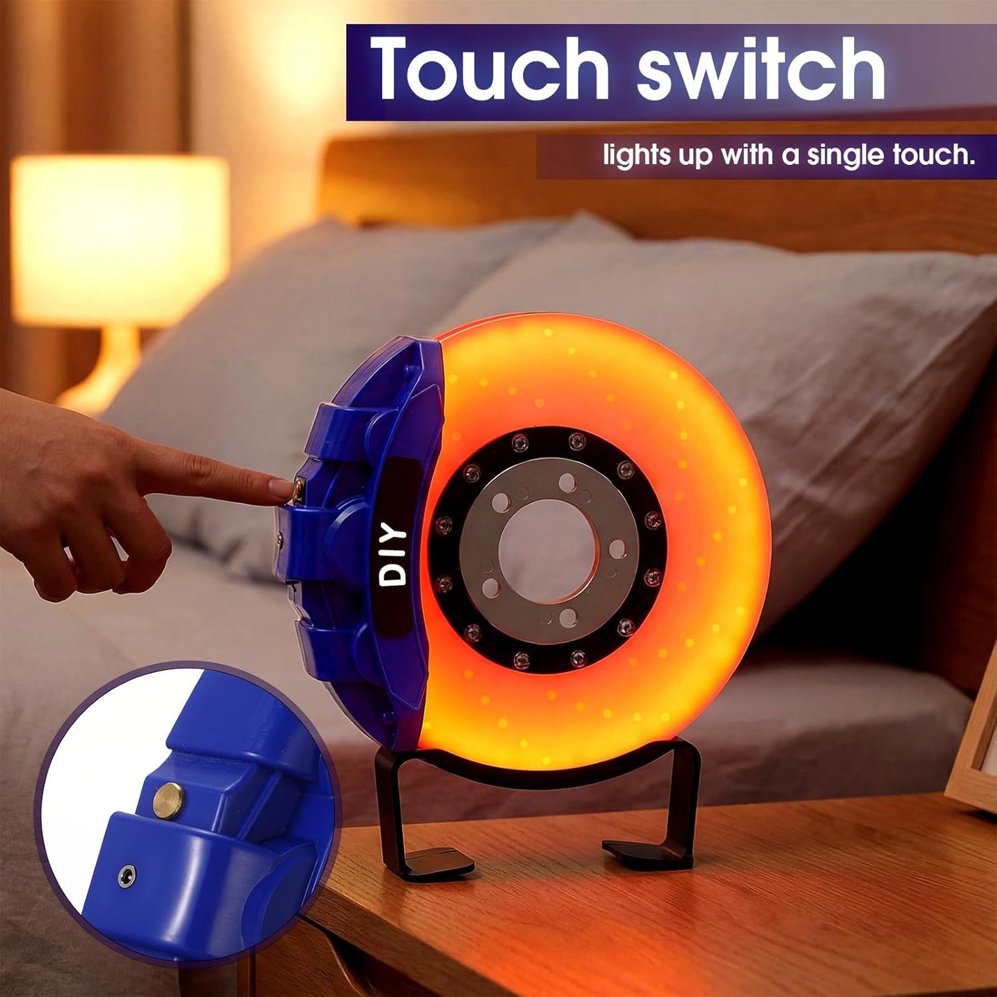 WILLBOND Brake Disc LED Lamp Cool Lamps for Men, Rechargeable Ambient Touch Night Light Unique Gifts for Him Dad Car Lover Fathers Day Birthday Holiday Room Office Home Decor(Blue - Orange Yellow)