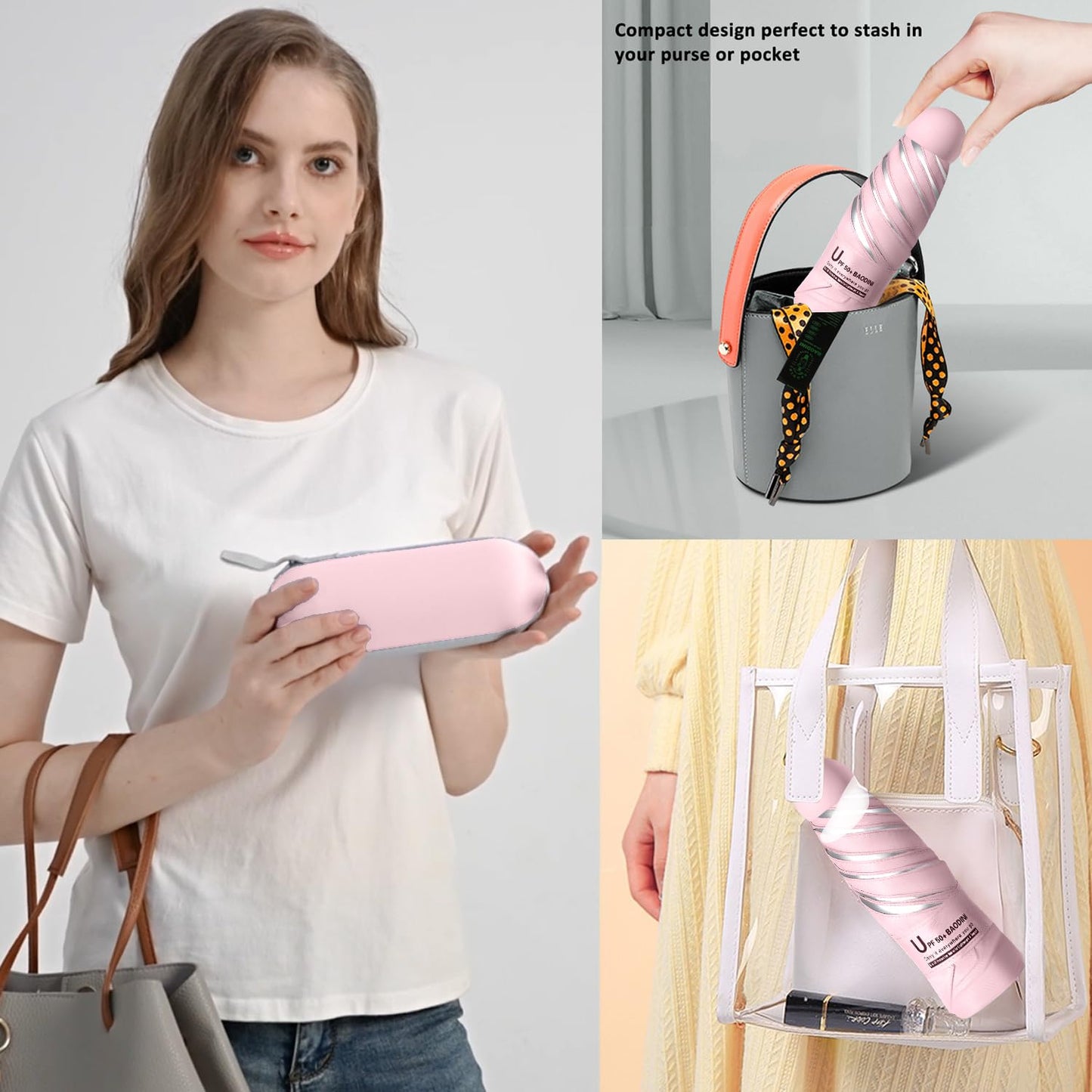 BAODINI Reiseutensilien Mini-Regenschirm für die Handtasche mit Etui Klein Kompakt UV-Sonnenschutz Leicht Winzig Tasche Manuelles Öffnen und Schließen Regenschirm für Damen, Kinder und Herren Passt in Handtasche Rucksack