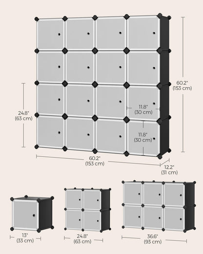 SONGMICS Cube Storage Organizer, Set of 16 Plastic Cubes, Closet Organizers and Storage, Room Organization, Bedroom Living Room, 12.2 x 48.4 x 48.4 Inches, Rustic Brown ULPC442A01