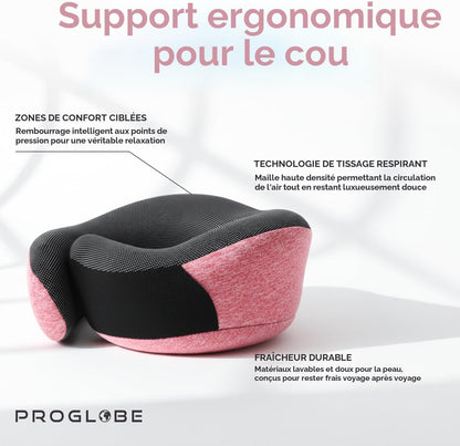 Proglobe Orthopädisches Nackenkissen Reise-Nackenkissen für Flugzeuge, Memory Foam Kit, aktualisiertes Ruhematerial, Flugreise-Set mit 3D-konturierter Augenmaske, Ohrstöpseln und luxuriösem Netzbeutel (Grau)