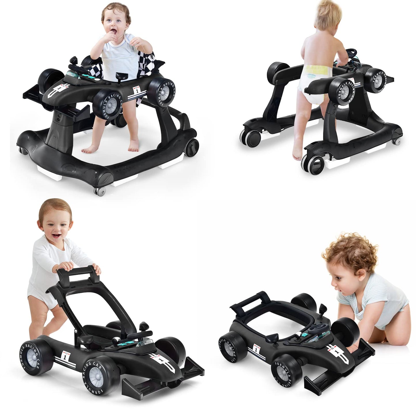 HONEY JOY 4-in-1 Baby Walker, Activity Push Walker w/3 Adjustable Heights, Smooth Wheels w/Adjustable Speed, Padded Seat, Music & Light, Foldable Car Walker for Baby Boys Girls Age 6 Months+ (Blue)