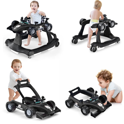 HONEY JOY 4-in-1 Baby Walker, Activity Push Walker w/3 Adjustable Heights, Smooth Wheels w/Adjustable Speed, Padded Seat, Music & Light, Foldable Car Walker for Baby Boys Girls Age 6 Months+ (Blue)