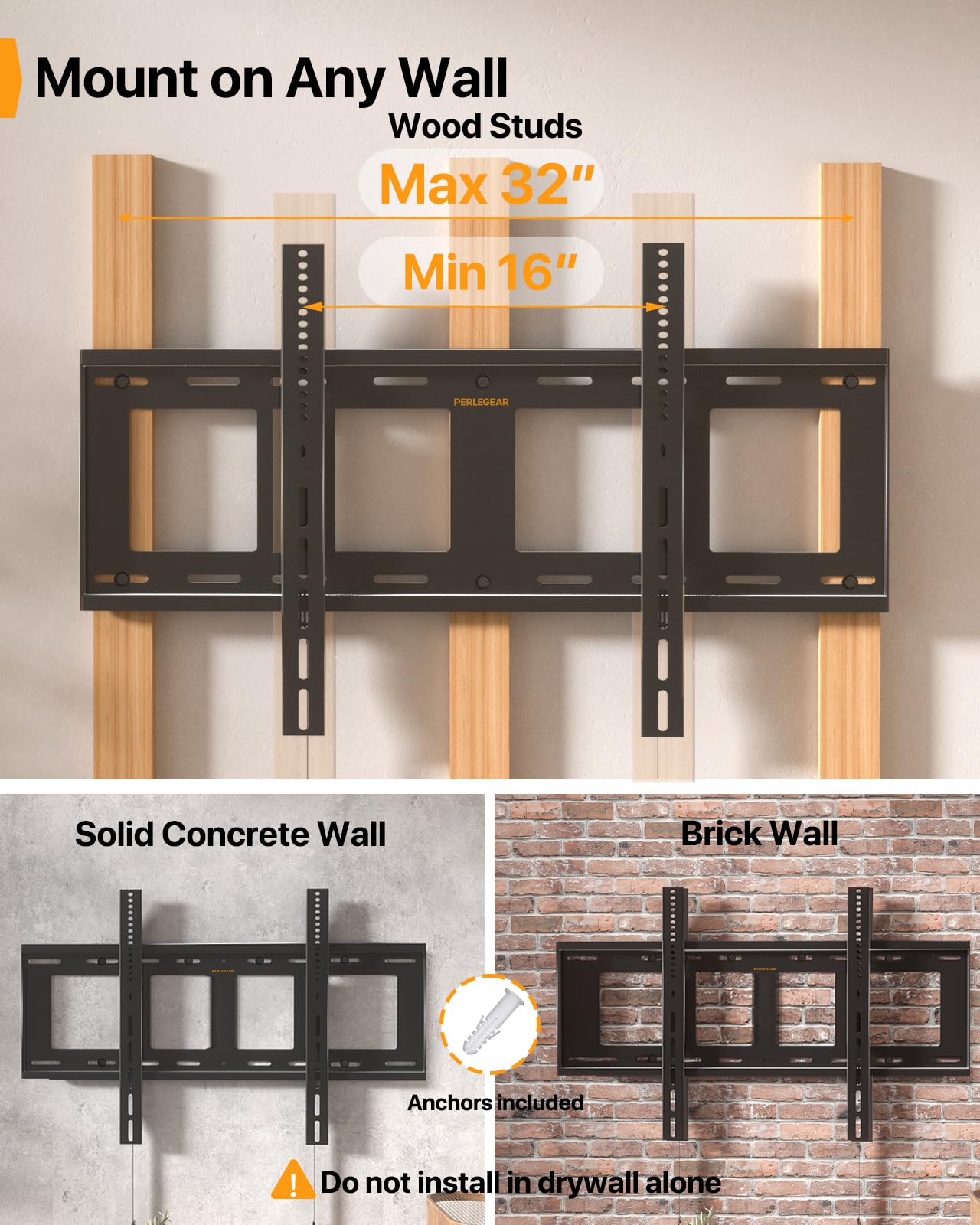 Perlegear Heavy Duty Fixed TV Wall Mount for 42"-115" TVs up to 225 lbs, Low Profile TV Mount Fits 16", 24", 32" Studs, One-Piece Bracket with Magnetic Pull Tabs, Max VESA 800x600mm