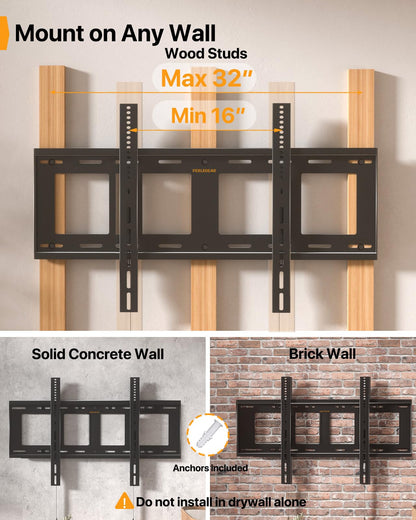 Perlegear Heavy Duty Fixed TV Wall Mount for 42"-115" TVs up to 225 lbs, Low Profile TV Mount Fits 16", 24", 32" Studs, One-Piece Bracket with Magnetic Pull Tabs, Max VESA 800x600mm