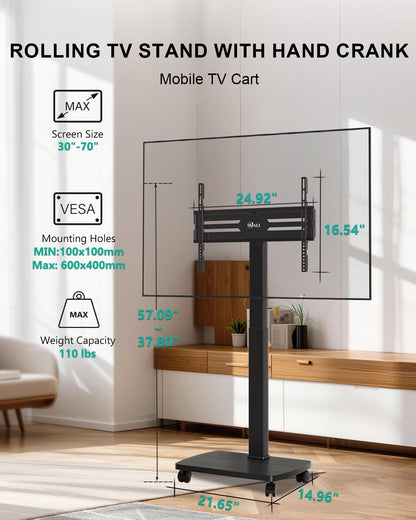 WALI Rolling TV Stand with Power Outlet & AV Shelf, Mobile Tall TV Stand Mount on Wheels for 34-75 inch TV up to 110 lbs, Swivel Height Adjustable TV Cart with Wood Base for Bedroom(TVDVD-6PRW), White