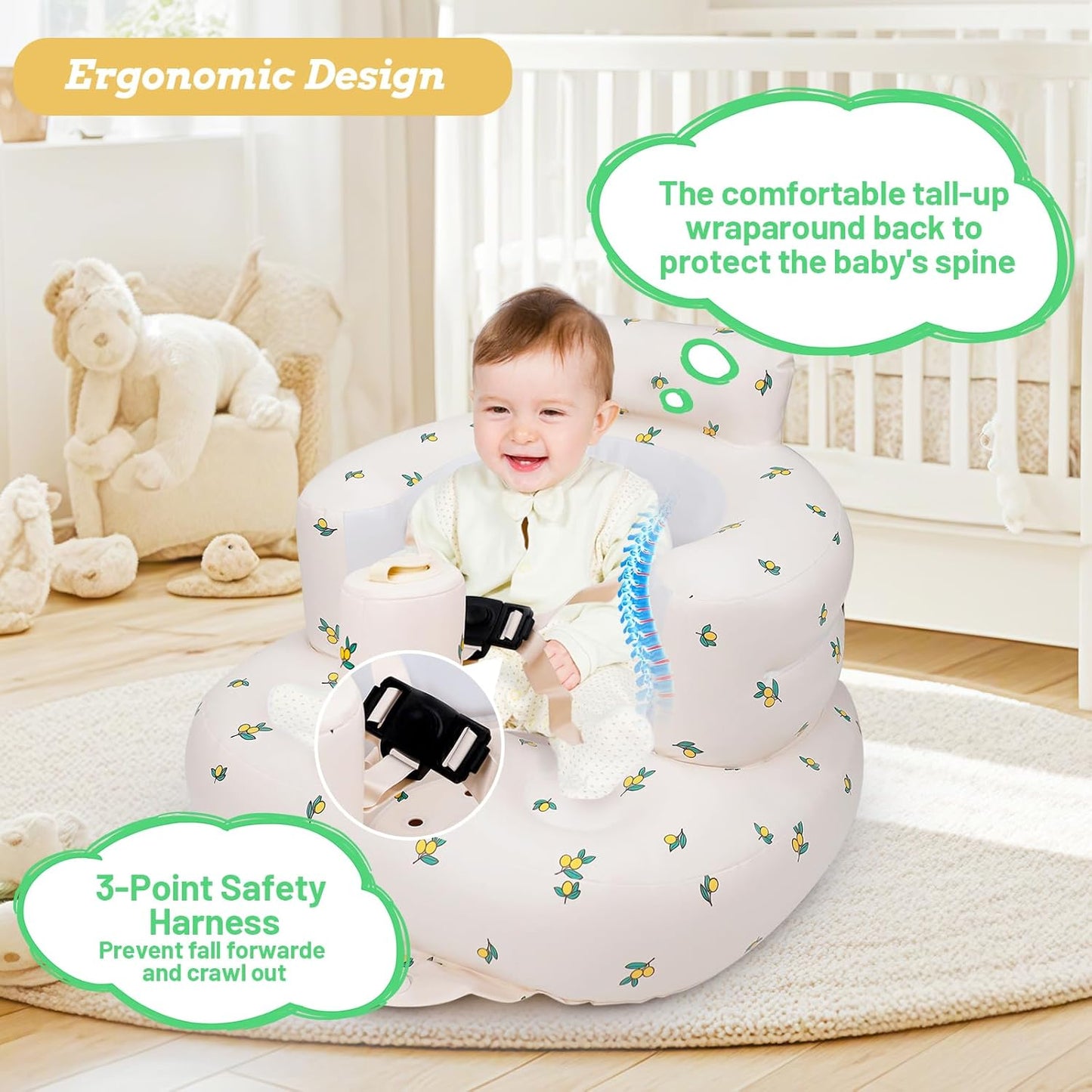 Aufblasbarer Babysitz, aufblasbarer Babystuhl für Babys ab 3 Monaten, aufblasbarer Sommerstuhl mit integrierter Luftpumpe, Baby-Bodensitz zum Sitzenlernen, Spielen, Campen, Orange