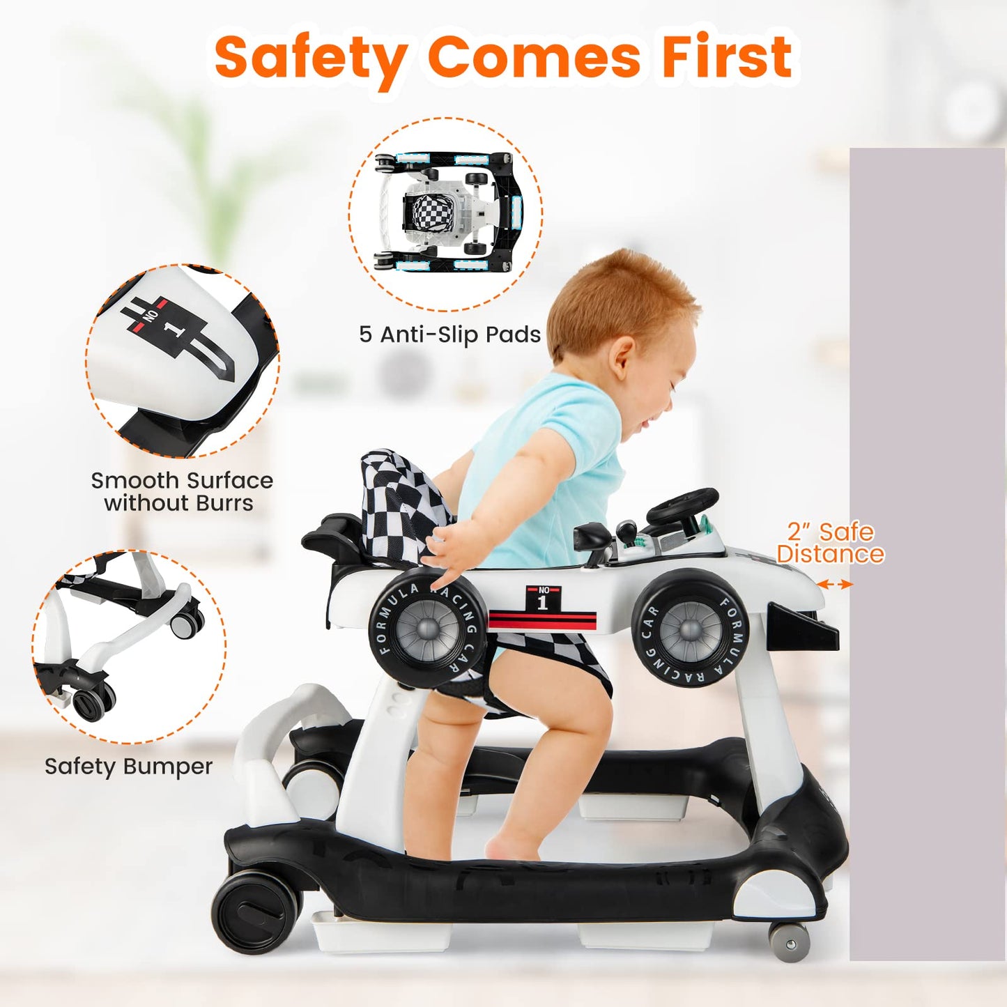 HONEY JOY 4-in-1 Baby Walker, Activity Push Walker w/3 Adjustable Heights, Smooth Wheels w/Adjustable Speed, Padded Seat, Music & Light, Foldable Car Walker for Baby Boys Girls Age 6 Months+ (Blue)