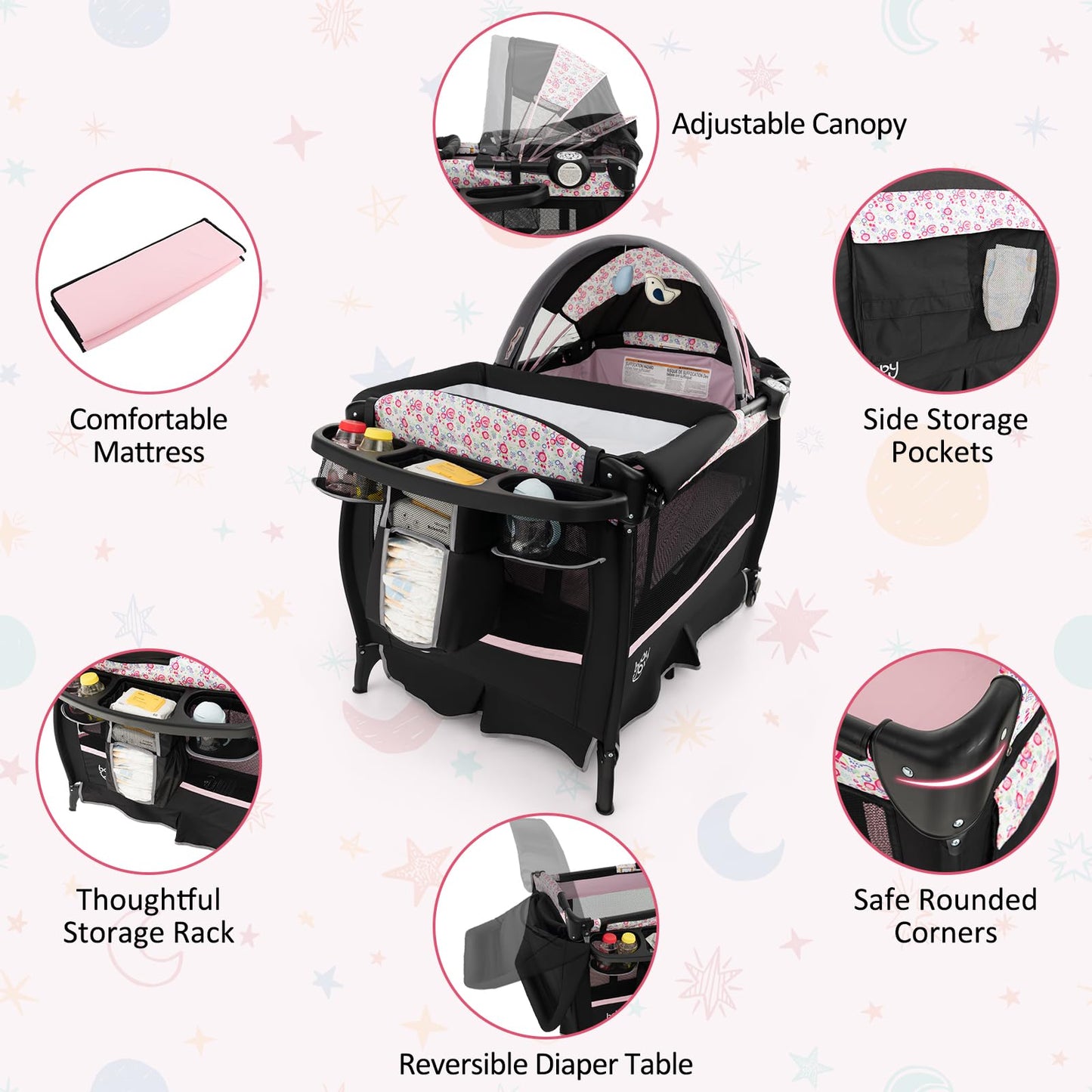 BABY JOY 4 in 1 Pack and Play, Portable Baby Playard with Bassinet & Flip-Away Changing Table, Canopy, Portable Bedside Crib with Storage Basket, Oxford Bag, Infant Bassinet from Newborn to Toddlers