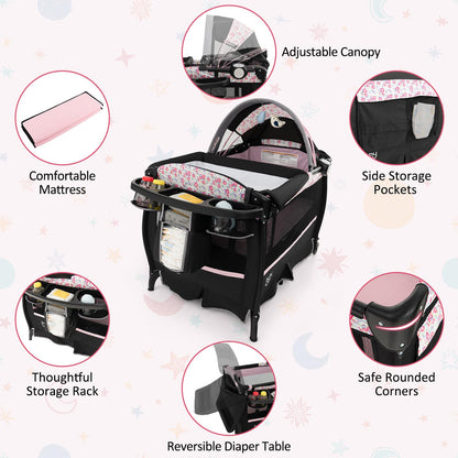 BABY JOY 4 in 1 Pack and Play, Portable Baby Playard with Bassinet & Flip-Away Changing Table, Canopy, Portable Bedside Crib with Storage Basket, Oxford Bag, Infant Bassinet from Newborn to Toddlers