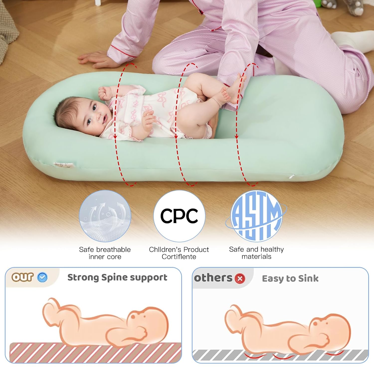 Lucakuins Baby Lounger, Bionic Design Baby Lounger for Newborn 0-24 Months, Soft Organic Cotton Breathable Lounger for Infants (Lovely Green)