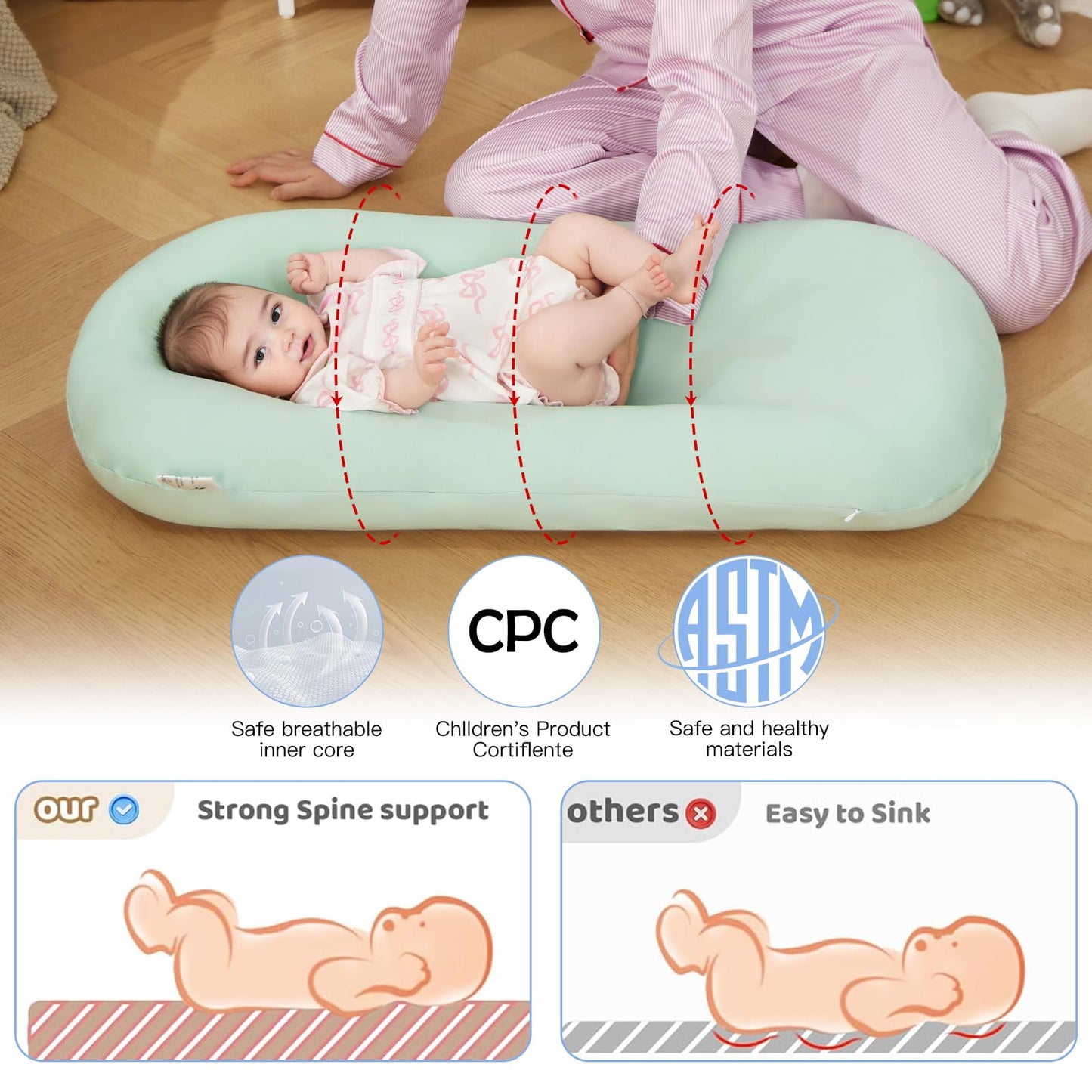 Lucakuins Baby Lounger, Bionic Design Baby Lounger for Newborn 0-24 Months, Soft Organic Cotton Breathable Lounger for Infants (Lovely Green)