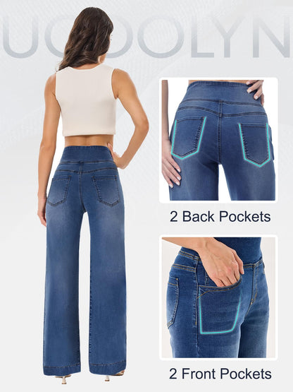 UCOOLYN Pull On Wide Leg Jeans für Damen, High Waisted Bauchkontrolle Stretchy Baggy Trendy Straight Denim Hose mit Taschen für die Arbeit Dunkelblau