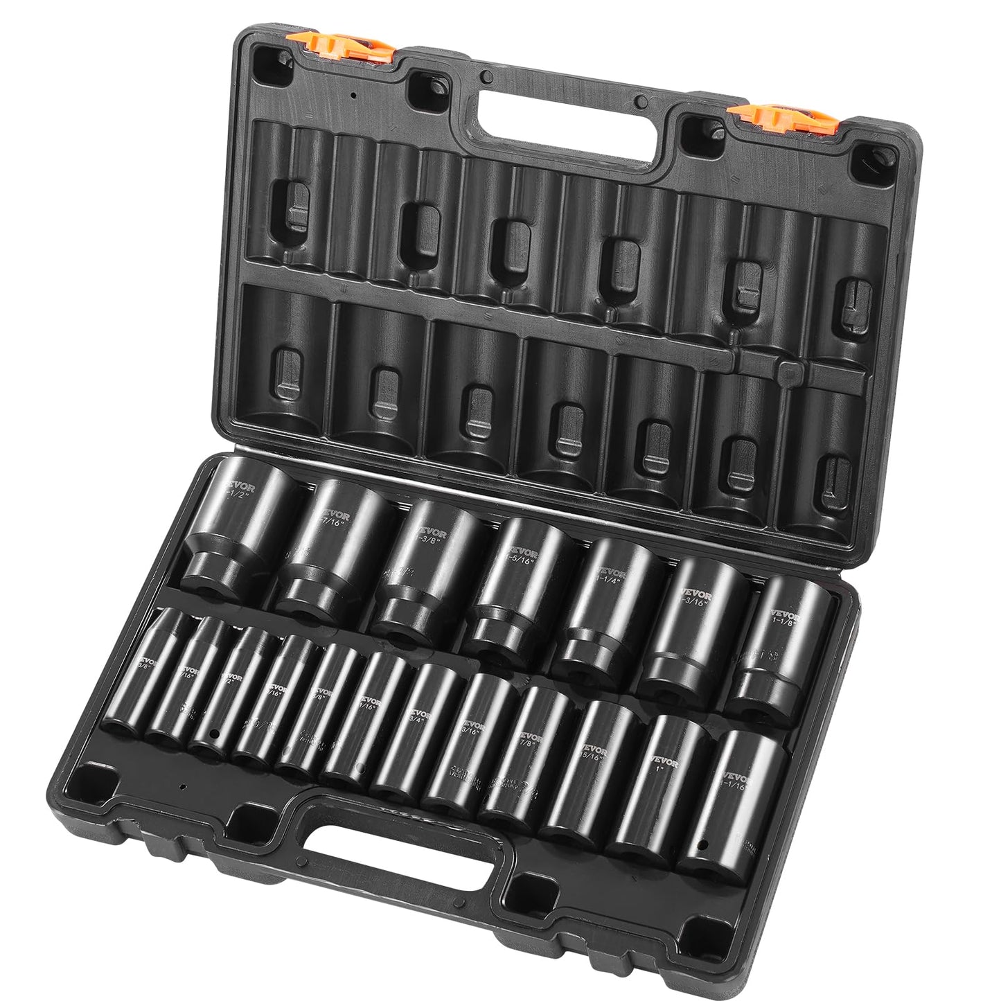 VEVOR 91-Piece 1/2" Drive Impact Socket Set, SAE (5/16" to 1-1/4") & Metric (8 to 32 mm), CR-V, Deep & Shallow, 6 Point, Ratchet Handle, Universal Joint, Adapters, Extension Bars (3, 5, 10 in)