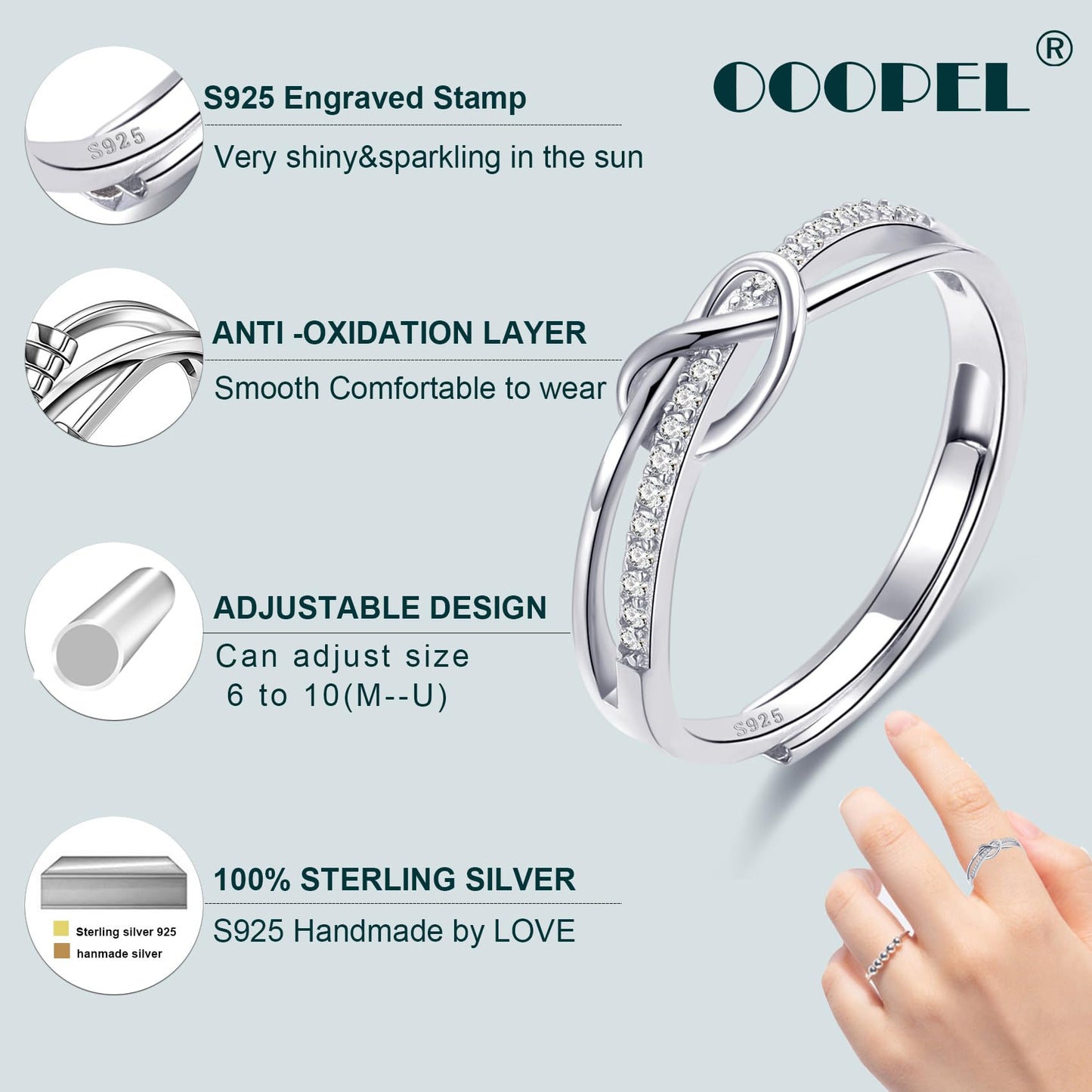 OOOPEL Sterlingsilber Verstellbarer Ring S925 Silberringe für Frauen Zirkonia Twist Liebesknoten Zarter Ring Silber Minimalistischer Offener Fingerring Silber Daumen Sterlingsilberring