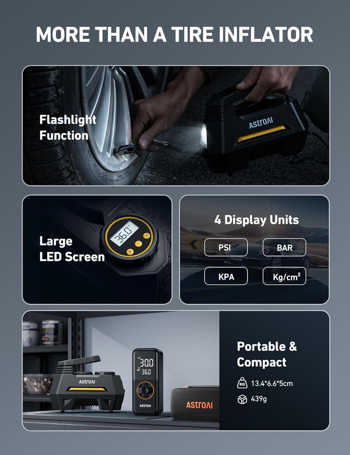 AstroAI Tire Inflator Portable Air Compressor Tire Air Pump for Car Tires - Car Accessories, 12V DC Auto Pump with Digital Pressure Gauge, Emergency LED Light for Bicycle, Balloons, Yellow