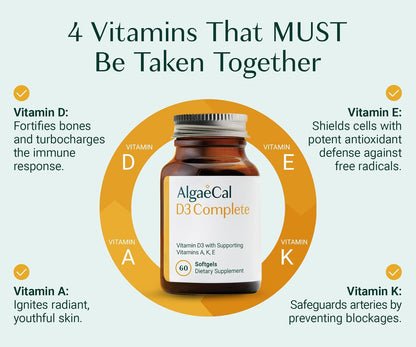ALGAECAL 4-in-1 Vitamin D3 K2 Complete - ADK Vitamin Supplement, Enhanced Immune Support & Bone Health with D3 K2, A, & E - Whole Body Wellness & Bone Strength, Easy-Swallow Softgels, 6 Month Supply