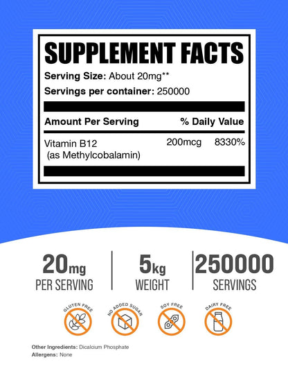 BulkSupplements.com Vitamin B12 Methylcobalamin Powder - 1% B12 Methylcobalamin, Essential B Vitamin - B12 Supplement, Gluten Free, 20mg per Serving, 5kg (11 lbs) (Pack of 1)