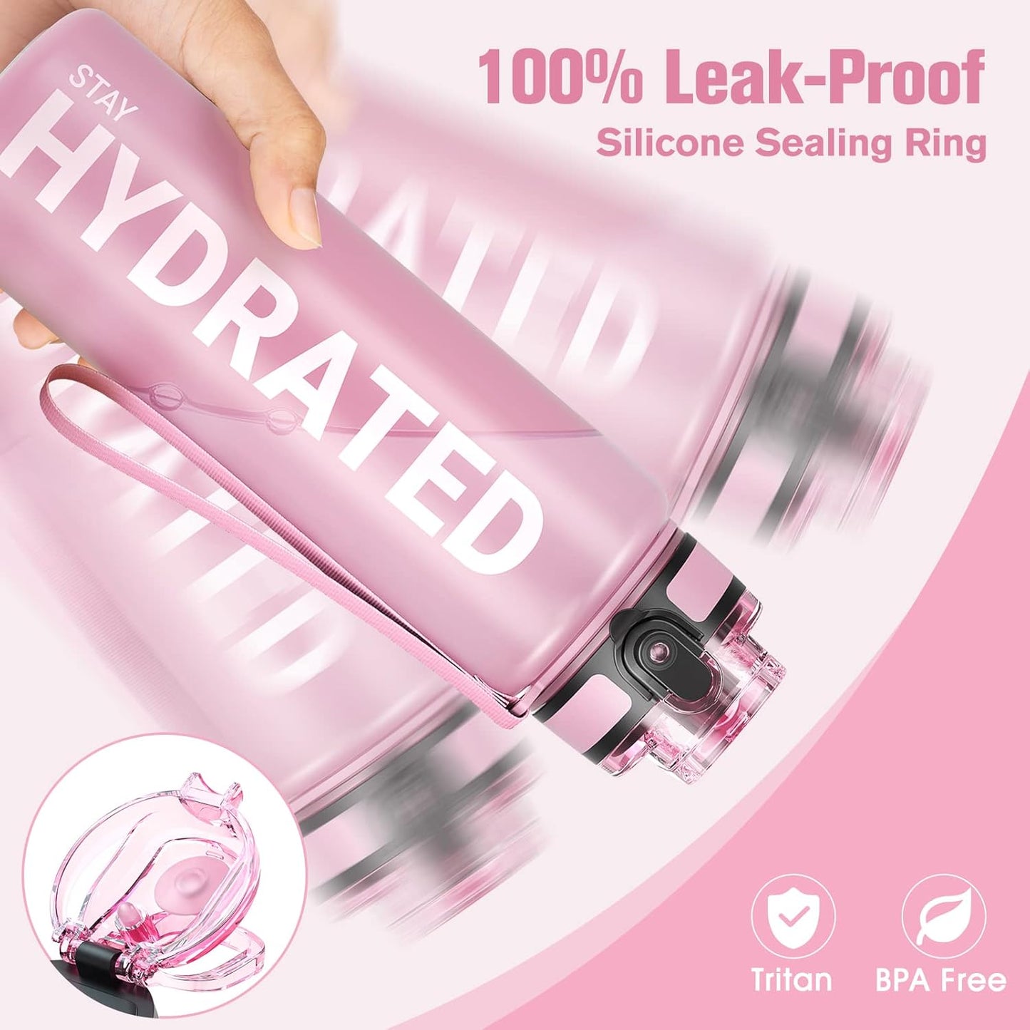 Sahara Sailor Trinkflasche, 950ml Motivations-Sportflasche mit Zeitmarkierung – Trinkzeiten – Tritan, BPA-frei, weite Öffnung auslaufsicher, Fast-Flow-Technologie mit Reinigungsbürste (1 Flasche)