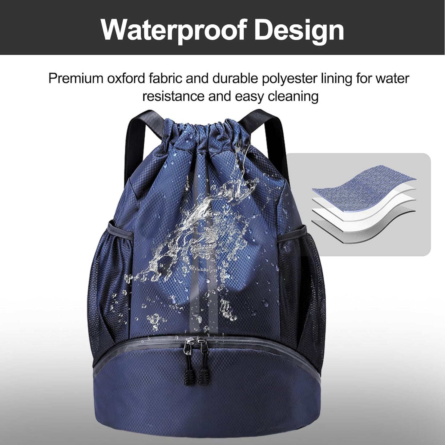 Hoedia Sports-Kordelzugrucksack – Schwimm-Turnbeutel mit Schuhfach und wasserdichter Tasche für Damen und Herren