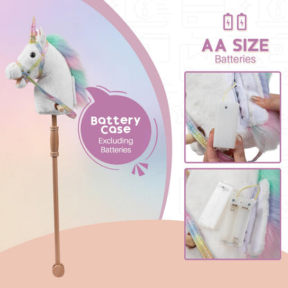 HollyHOME Plüsch Einhorn Steckenpferd mit Holzrädern Echten Pony Wiehern und Galoppieren Geräuschen Plüschtier Rosa 94 cm (AA Batterien Benötigt)