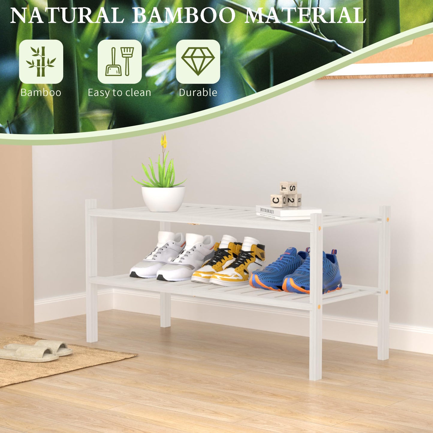 ROMGUAR CRAFT 3 Tier Bamboo Shoe Rack for Closet Free Standing Wood Shoe Shelf Storage Organizer for Entryway Small Space Stackable 27"x11"x20" (Natural)