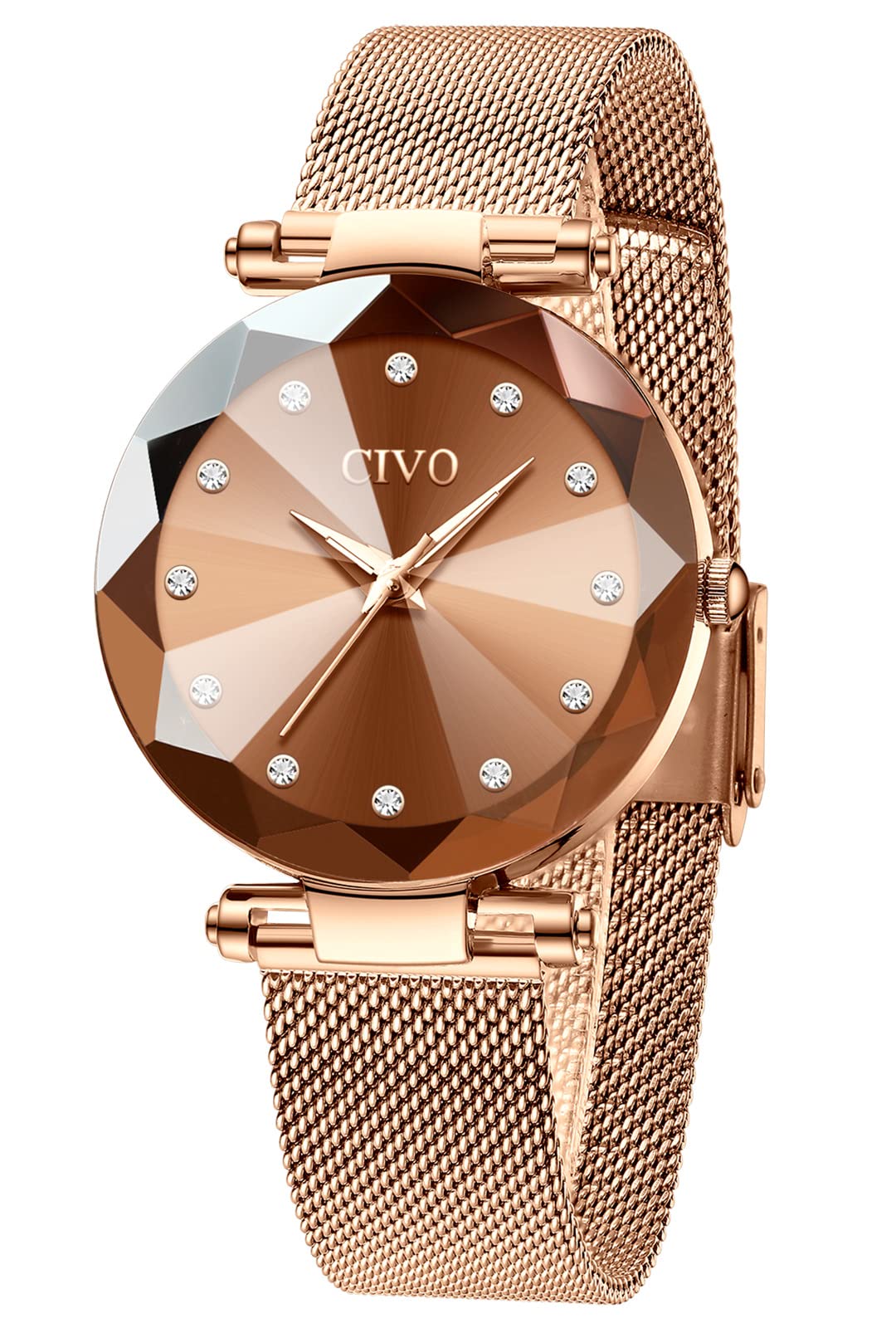 CIVO Womens Watch, Waterproof Analog Quartz Ladies Watches for Women Rose Gold Mesh Band Elegant Dress Luxury Designer Women's Wrist Watches with Diamond Timescale Dial
