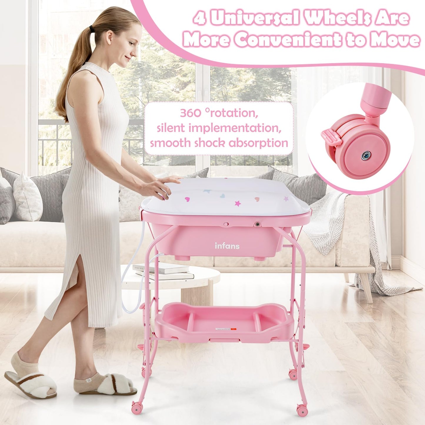 INFANS 2 in 1 Baby Changing Table with Bath Tub Unit, Folding Diaper Dresser Station with Wheels Waterproof Pad Storage Rack, Portable Nursery Organizer Stand for Newborn Infant