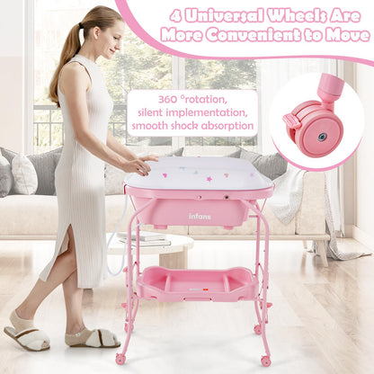 INFANS 2 in 1 Baby Changing Table with Bath Tub Unit, Folding Diaper Dresser Station with Wheels Waterproof Pad Storage Rack, Portable Nursery Organizer Stand for Newborn Infant