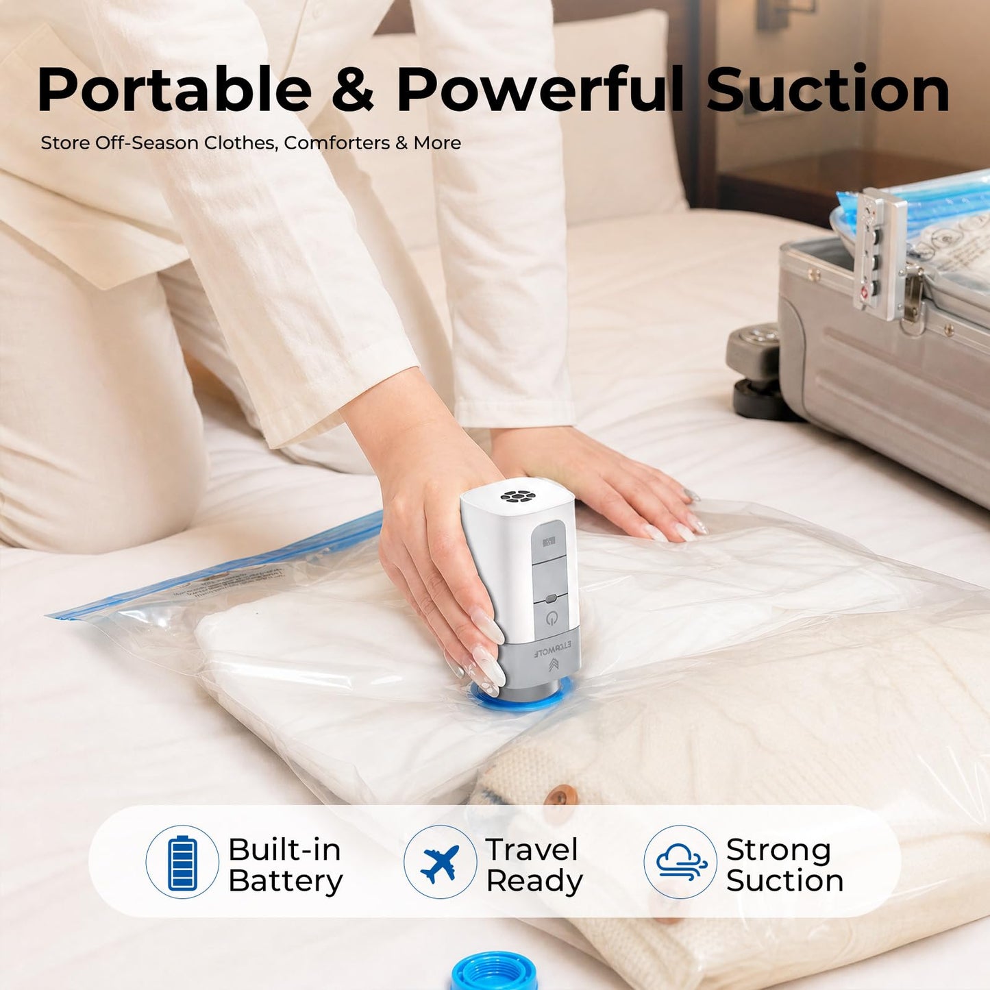 ETENWOLF Vacuum Storage Bags for Travel with Rechargeable Wireless Pump, Vacuum Seal Bags for Clothes and Travel, Space Saver Bags in Carry-On Sizes, Perfect for Luggage and Suitcases, 12 Combo