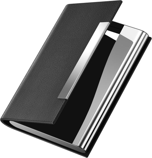 Business Card Holder, Business Card Case Luxury PU Leather & Stainless Steel Multi Card Case,Business Card Holder Wallet Credit Card ID Case/Holder for Men & Women.… (Black)