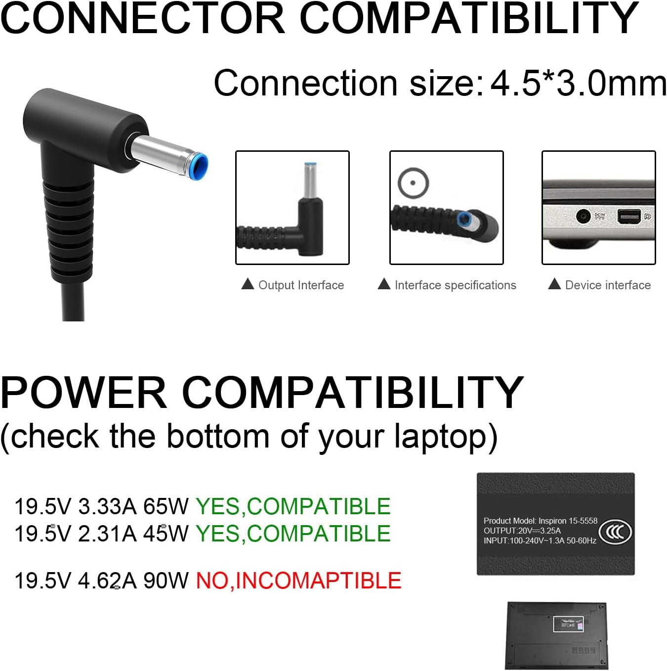 HP Laptop Charger - 65W 45W Smart Blue Tip Power Adapter by HIBBO