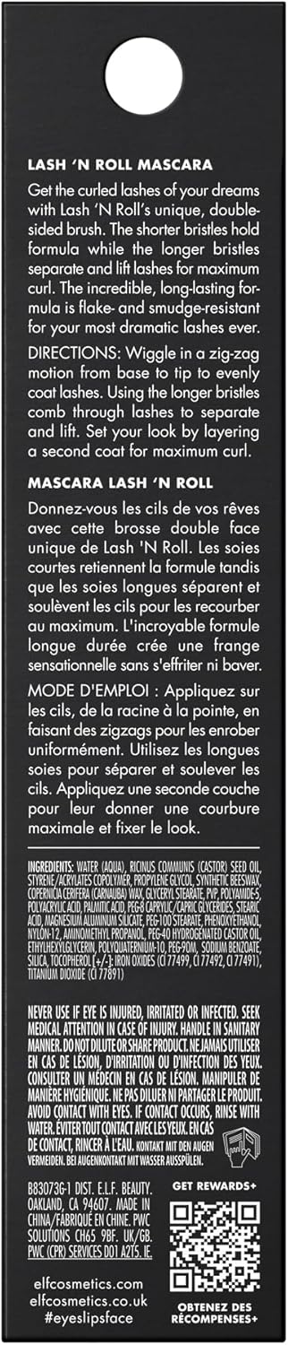 e.l.f. Lash 'N Roll Mascara, Tusche für sichtbar angehobene Wimpern, hebt und trennt Wimpern. Langanhaltende Formel, vegan und tierversuchsfrei, Pitch Black