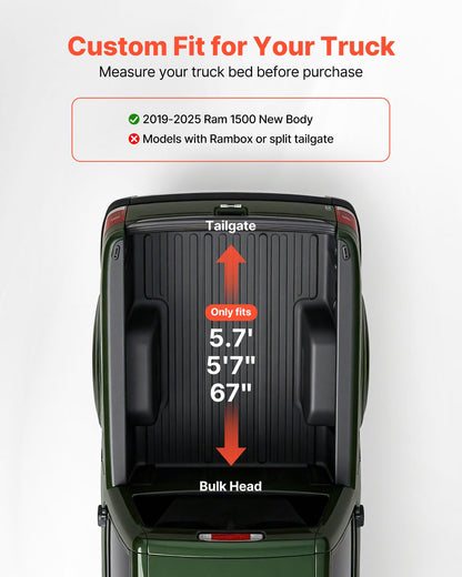 VEVOR Weiche aufrollbare Ladeflächenabdeckung, kompatibel mit 2019–2024 Dodge Ram 1500 Classic, 2003–2025 Ram 2500 3500, passend für 1,95 m (6 Fuß 4 Zoll/76 Zoll) Ladefläche, PVC-Abdeckung mit Aluminiumlegierungsstangen