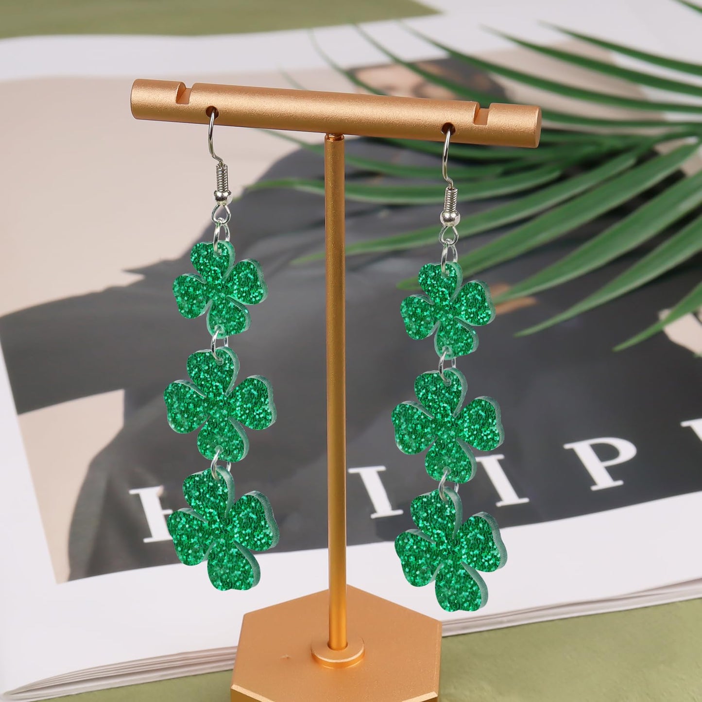 Prstvil St. Patricks Day Ohrringe, grüne Kleeblatt-Ohrringe für Damen, St. Patrick's Day Accessoires Glücksbringer Creolen (Grün-2)