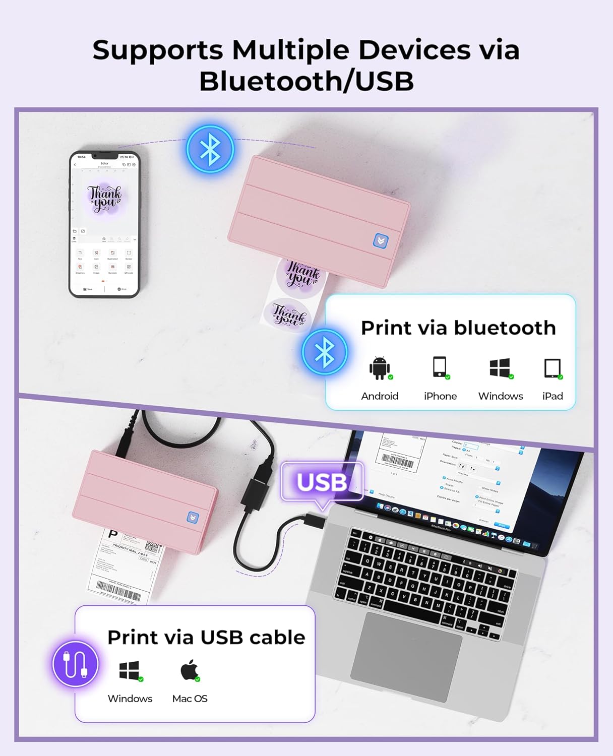 MUNBYN Bluetooth Thermodrucker für Versandetiketten, 130B Kabelloser 4x6 Etikettendrucker für kleine Unternehmen und Büros, kompatibel mit iPhone, Android, iPad, Windows, macOS, Canada Post, UPS, Purolator (Weiß)