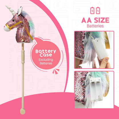 HollyHOME Plüsch Einhorn Steckenpferd mit Holzrädern Echten Pony Wiehern und Galoppieren Geräuschen Plüschtier Rosa 94 cm (AA Batterien Benötigt)