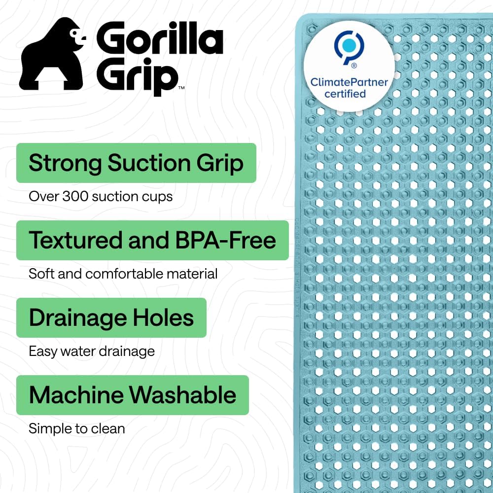 GORILLA GRIP Patentierte Badewannen-Duschmatte, Maschinenwaschbare Badewannenbodenmatte, Saugnäpfe und Abflusslöcher für saubere Wannen, Badezimmer-Essentials, 89x41 cm, Transparent