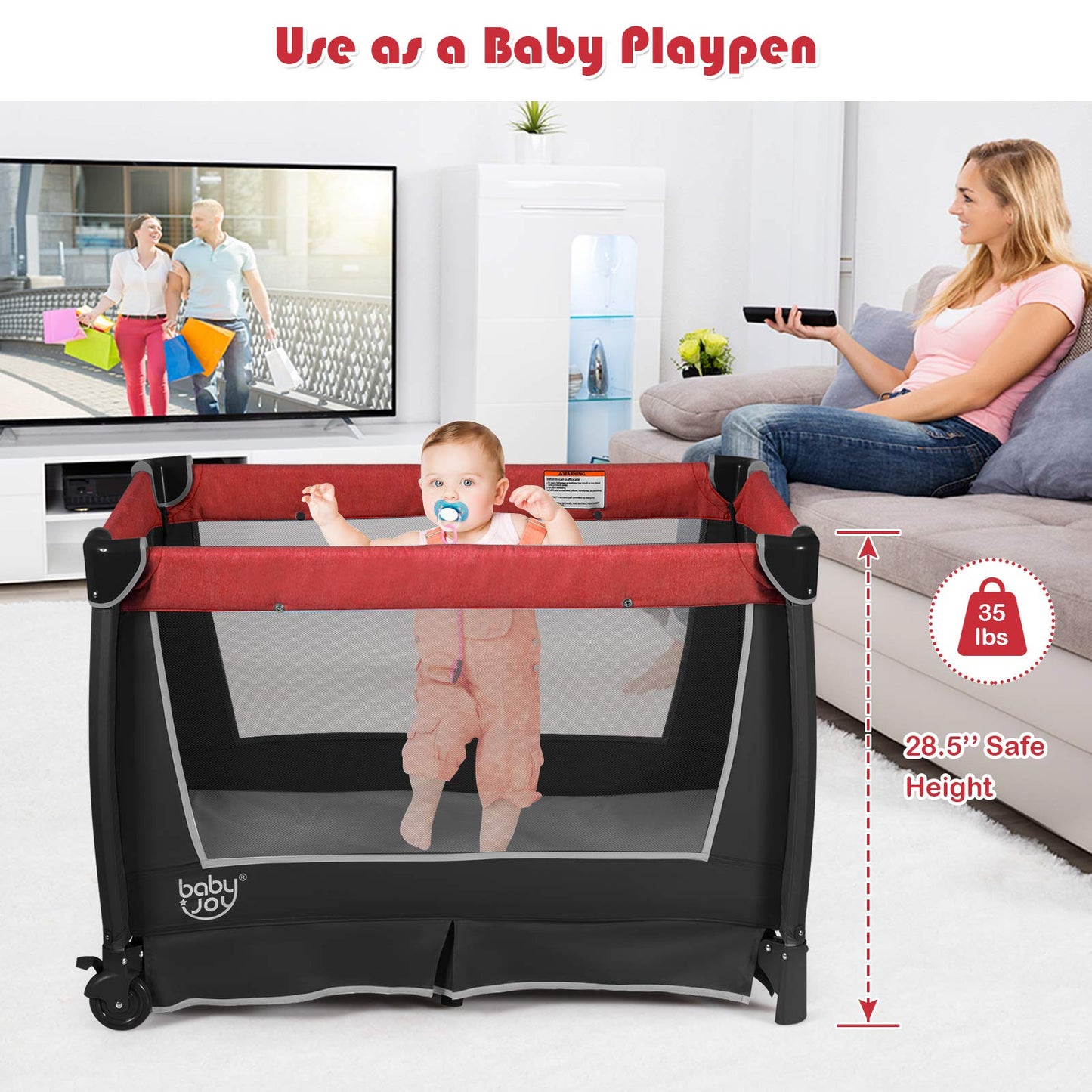 BABY JOY 5 in 1 Pink Pack and Play, Portable Baby Playard with Bassinet & Changing Table, Infant Pink Girl Bassinet Center w/Hangings & Music & Oxford Bag for Baby Toddlers (Rose, Dot Circle)