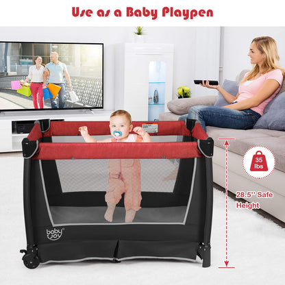 BABY JOY 5 in 1 Pink Pack and Play, Portable Baby Playard with Bassinet & Changing Table, Infant Pink Girl Bassinet Center w/Hangings & Music & Oxford Bag for Baby Toddlers (Rose, Dot Circle)