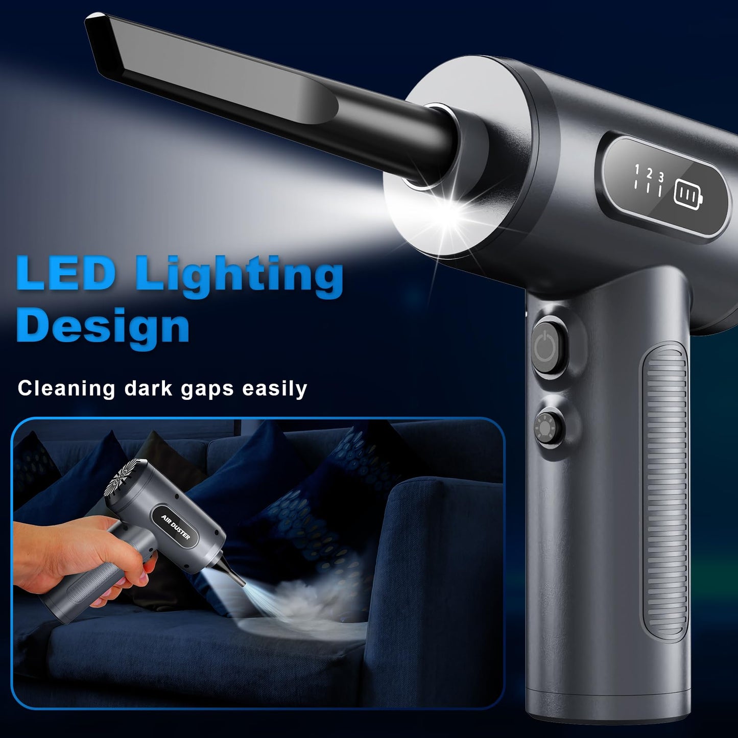 Compressed Air Duster-3 Gear Adjustable 100000RPM Electric Air Duster with LED Light, Rechargeable Cordless Air Blower for Keyboard Electric Devices Cleaning. Replaces Compressed Air Cans (Black)