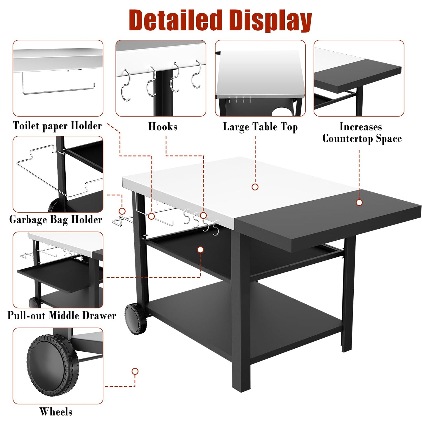 Pizza Oven Table Grill Cart with Topping Station, Grill Table Stand with Wheels for Ninja, Blackstone Griddle, Ooni, Gozney, Cuisinart, Heavy Duty BBQ Prep Cart with Storage Shelf and Hooks